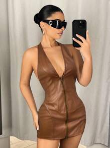 SHEIN ICON 深 V 领挂脖拉链前身修身迷你 PU 连衣裙 - 棕色 - 查看 6
