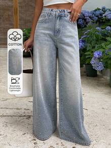 DAZY Quần Jeans Ống Rộng Trang Trí Đính Đá Pha Lê Thời Trang Thường Ngày Cho Nữ - Rửa nhẹ - Xem 1