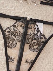 SHEIN Dragon Embroidery Print Sheer Lingerie Set, Mesh Lace Bralette And Panty 2 Piece Underwear Set Lace Bra Set Elegant Lingerie Set Dragon Lingerie Set - Black - View 6