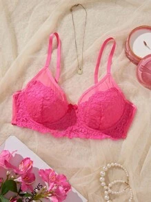 SHEIN Hot Pink Sheer Lace Push Up Bra With Style For Everyday Confidence Pink Lace Bra Pink Push Up Bra Bras For Women Pink Lace Push Up Bra Cute Bras