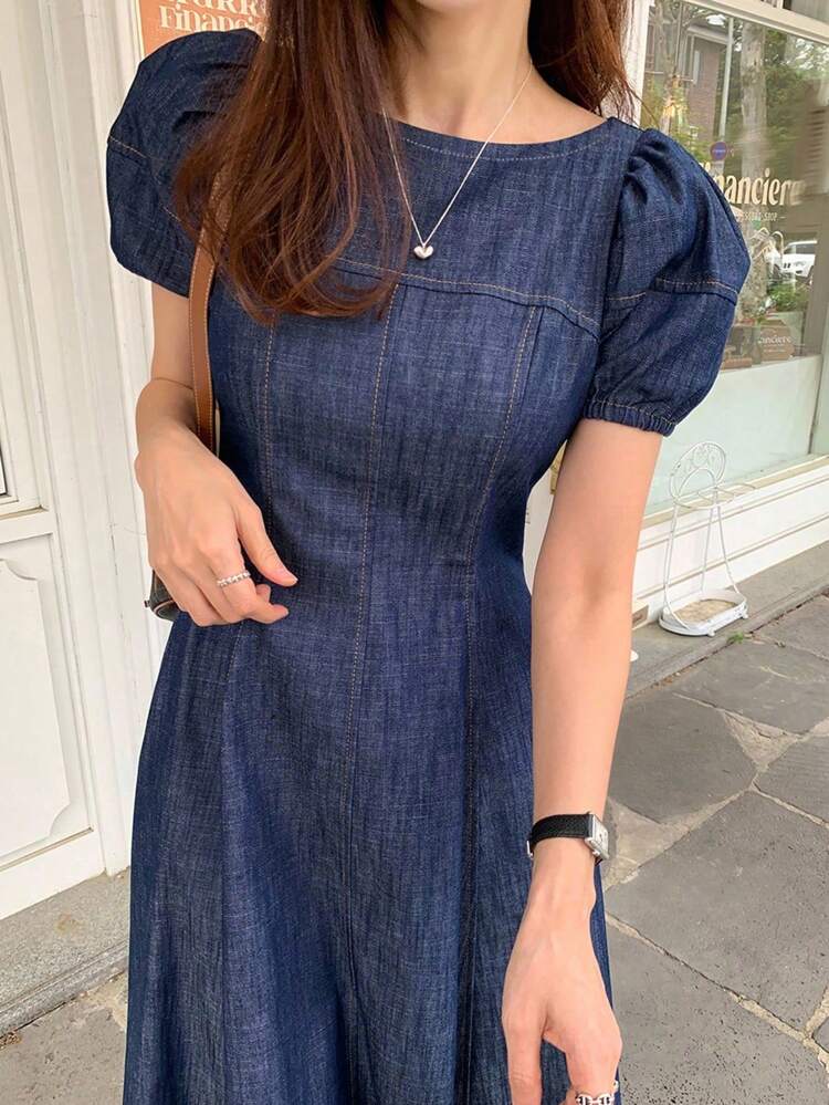 Women's Solid Color Round Neck Waisted Puff Sleeve A-Line Short Denim Dress Summer