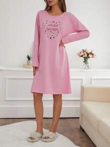 EURMUSE PLUS Women Contrast Colour Lettered Round Neck Long Sleeve Homewear Pajama Dress - Pink - View 6