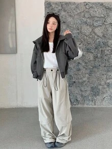 SHEIN 少女宽松连帽外套，休闲短款飞行员夹克卫衣，春秋季 - 深灰色 - 查看 5