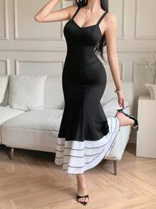 DAZY Elegant Square Neck Sleeveless Mermaid Hem Midi Dress For Women