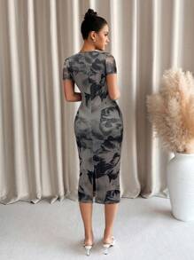 Lavishia Grön blommig klänning med rund halsringning och kort ärm för kvinnor - Grå - Visa 2