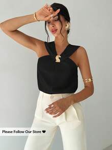 Firerie 女士金属扣装饰 V 领上衣，优雅通勤和度假上衣，春夏装，海滩，通勤，优雅，性感，度假，海滩，波西米亚风，夏威夷，音乐节，浪漫，约会，工作装 - 黑色 - 查看 1