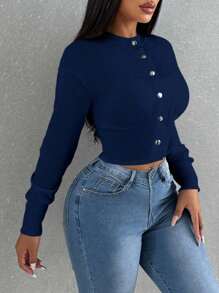 VaVaBold Áo khoác lửng dáng ôm màu trơn đơn giản - Màu xanh hải quân - Xem 3