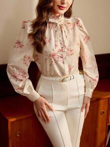 Vintamour 复古优雅女士印花蝴蝶结纽扣长袖衬衫，适合通勤、度假、商务休闲、办公室、工作等各种场合，也适合圣诞节、教师节、教堂、早午餐、节日、新年、情人节等春季穿着。 - 粉色 - 查看 4