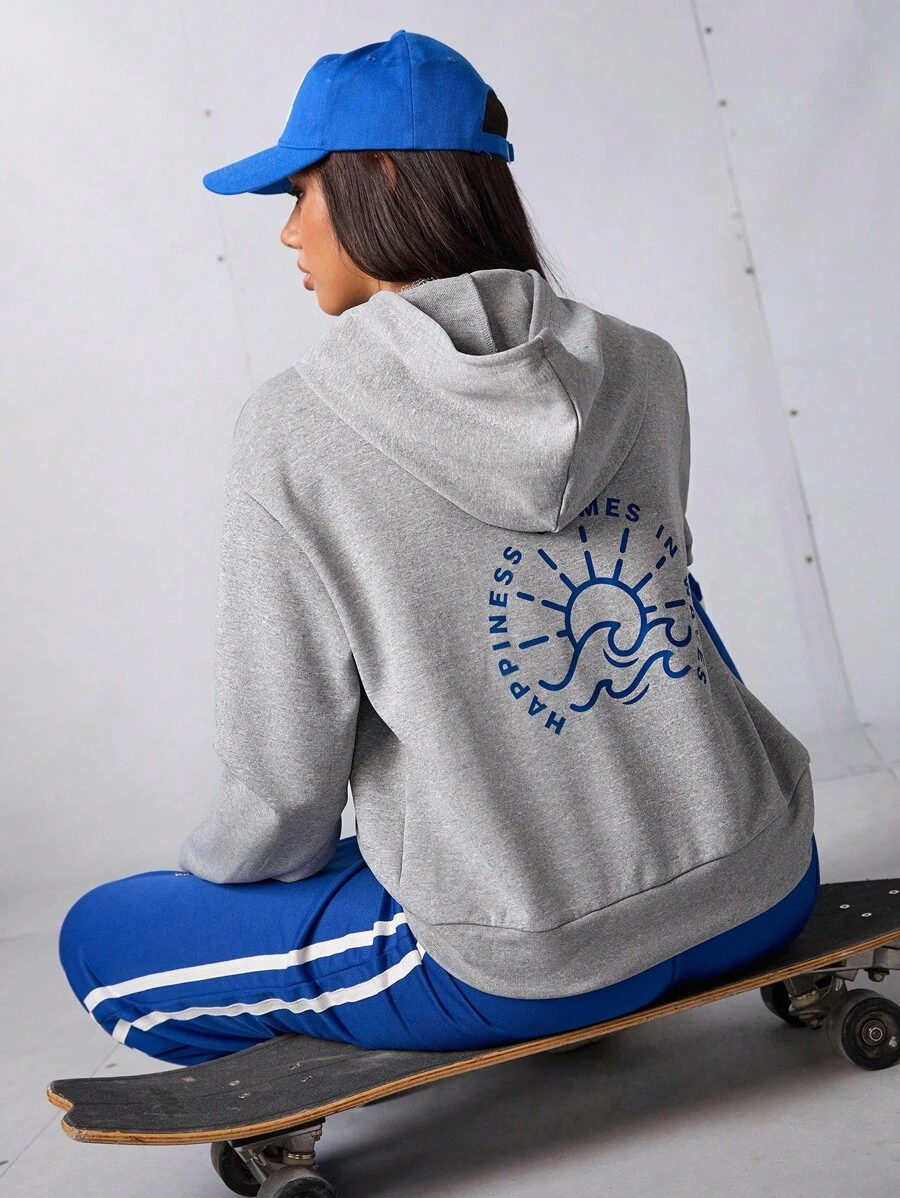 SHEIN Sports Damen Lässiger Street Grafik Muster Kapuzen Pullover Sweatshirt - Grau - Übersicht 1