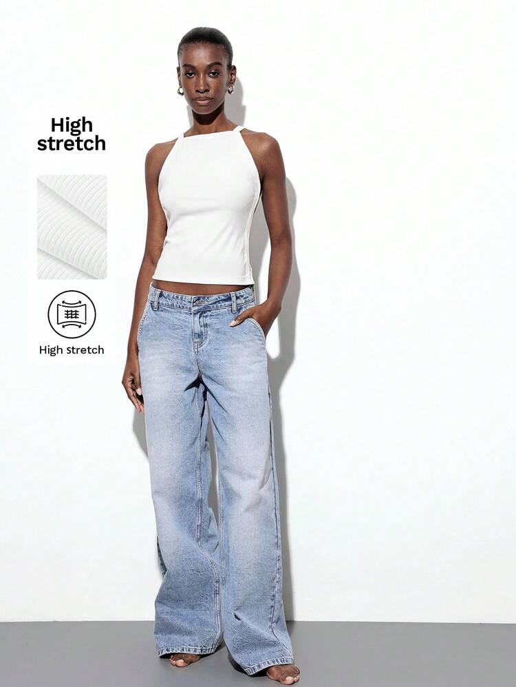 SHEIN Maija Women's White Side Slit Hook-Loop Spring Urban Casual Chic Versatile Soft And Comfortable Bodycon Hook Design Scoop Neck Sleeveless Tank Top Streetwear For Women Concert Women Vacation Woman Modest