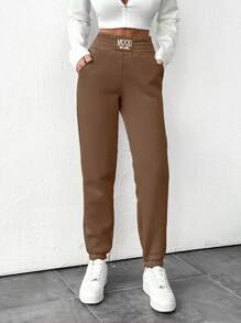 RueChic Solid Elastic Waist Termal Sweatpants For Autumn & Winter - Mocha Brown - View 7