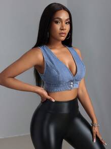 SHEIN ICON 大码女式深V领单排扣无袖短款休闲牛仔上衣 - 中等水洗藍 - 查看 5