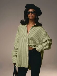 Athîral Women's Front Button Collar Long Sleeve Pink Striped Minimalist Blouse Valentine's Day Green