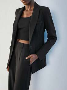 Maija Bộ đồ công sở 2 mảnh màu đen trơn thời trang tối giản thoải mái khi đi làm hàng ngày, trang phục chuyên nghiệp, áo khoác dài tay và quần ống rộng có khóa kéo, cạp chun thoải mái, thường ngày cho công sở - màu đen - Xem 7