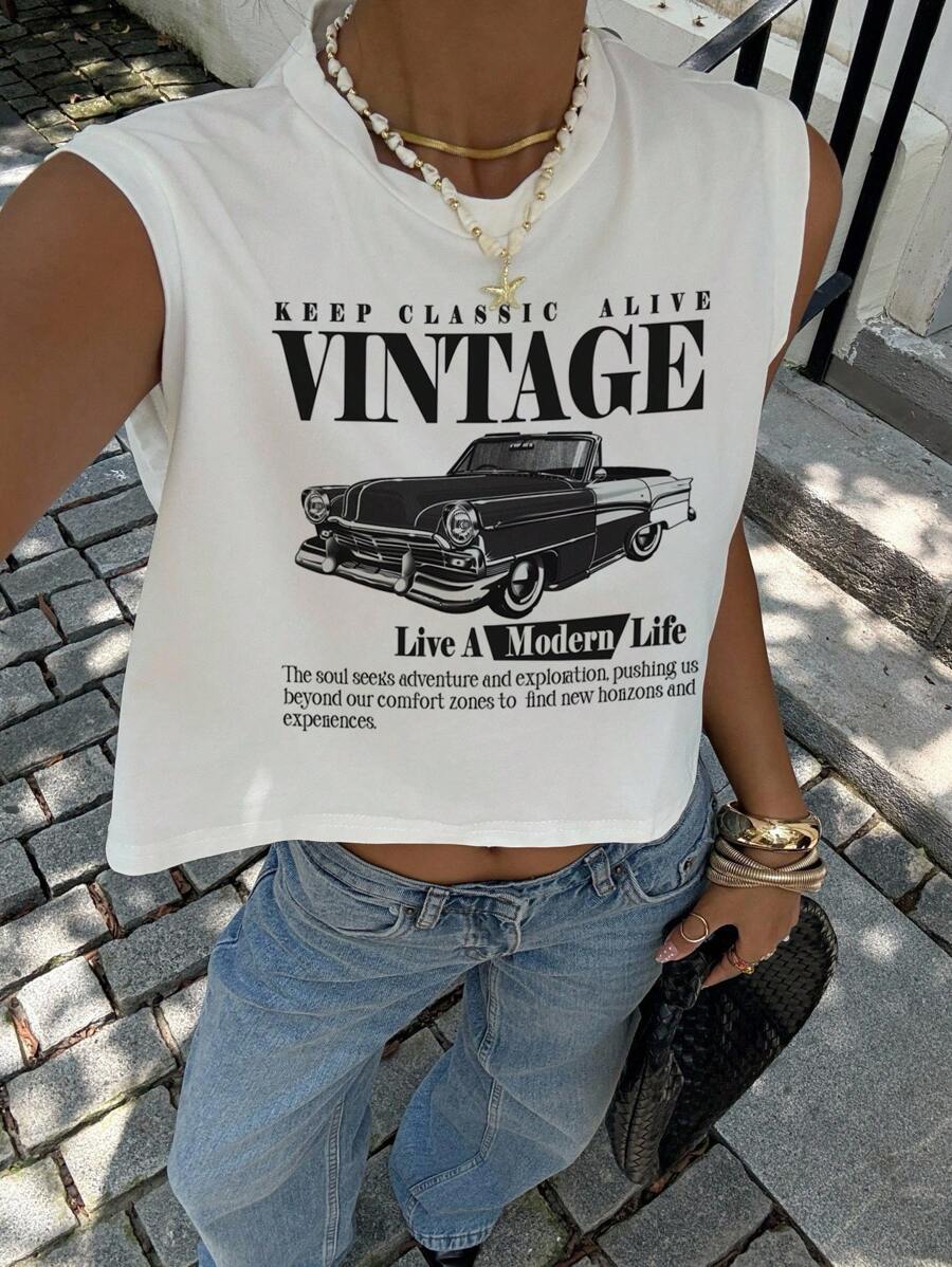 SHEIN Essnce 女士休闲圆领无袖短款背心，复古汽车印花，适合夏季 - 白色 - 查看 1