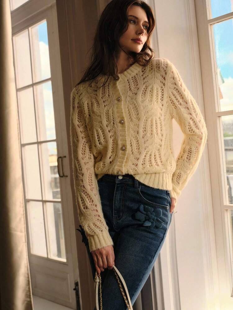 HOLLOW OUT LOOSE FIT CREW NECK LONG SLEEVE SWEATER