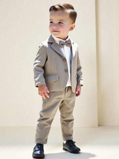 SHEIN 2 件套男婴优雅正式绅士西装套装，复古英伦格子西装外套和松紧腰休闲裤