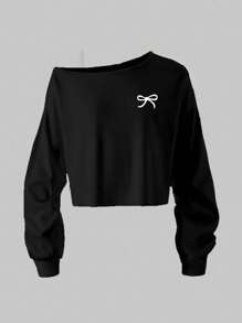 SHEIN 时尚休闲斜肩长袖灰色T恤，适合青少年女孩秋冬季穿着