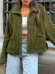 EURMUSE Women's Fuzzy Fleece Button-Up Jacket With Pockets - Green - View 3