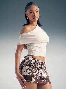 Denimoi Áo crop top cổ lệch một bên vai - Màu be - Xem 4