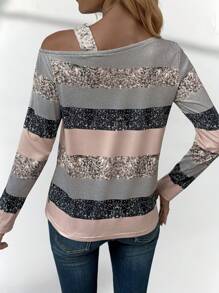 SHEIN LUNE Elegant Casual Faux Foil Graphic Print Oblique Shoulder Long Sleeve Loose Crew Neck Women Top T-Shirt Fall Cloth For Women - Multicolor - View 2