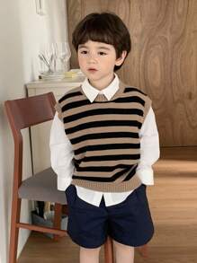 Hapijoa Young Boy Striped Knit Vest, Casual Loose Fit Fall - Khaki - View 3