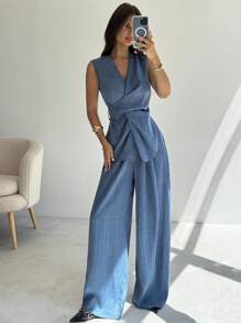 Firerie 女士休闲优雅仿麻纹理阔腿裤两件套西装/蓝色西装/办公室装/精致职业装/腰部上衣套装/秋季女装/女装返校装/女教师装/外出装/女教堂装/商务休闲女装/商务休闲女装 - 杏色 - 查看 3