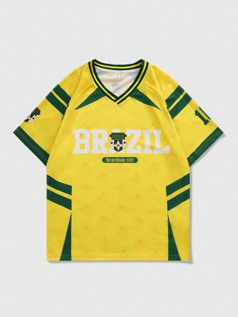 Street Life قميص تي شيرت مطبوع برسم كرة القدم البرازيلية بألوان متباينة للمراهقين