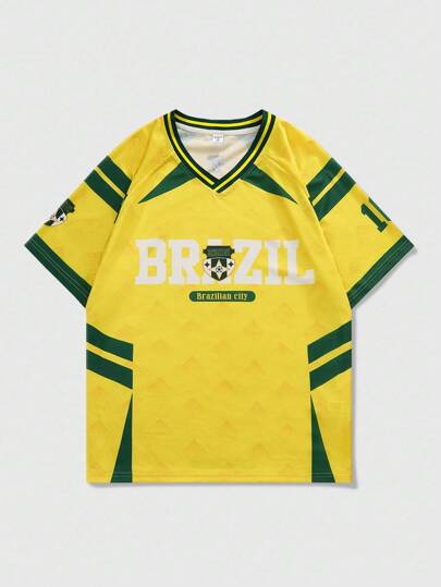 Street Life قميص تي شيرت مطبوع برسم كرة القدم البرازيلية بألوان متباينة للمراهقين