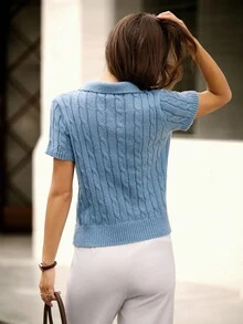 Hanevo 女式休闲学院风麻花针织短袖毛衣上衣 - 藍色 - 查看 2