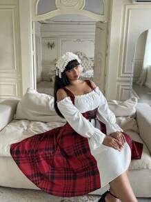 Flirla 大码女式休闲红色格子撞色长袖连衣裙 - 彩色 - 查看 6