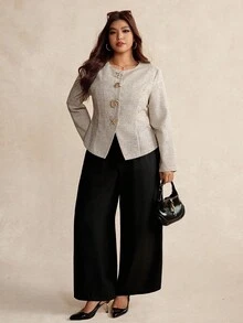 Elaquor 大码女式休闲时尚金属纽扣夹克 - 卡其色 - 查看 3