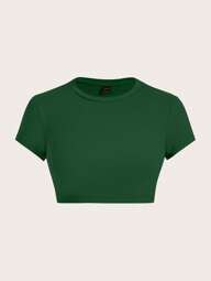 SHEIN ICON Olive Green Casual Minimalist Pattern Round Neck Short Sleeve Cropped Fitted Women T-Shirt