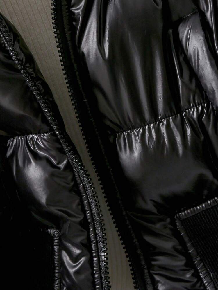 SHEIN 1 件青少年女孩高腰短款修身棉衣，可拆卸毛领连帽休闲棉衣，适合秋冬季 - 黑色 - 查看 8