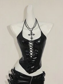 SHEIN ICON Women's Retro Sexy Avant-Garde Fashion Personalized Street Millennial Style Y2K Halloween Wear Sequined Leather Stitching Front Center Strap Pointed Hem Bat Shape Slim Fit Top - Black - View 4