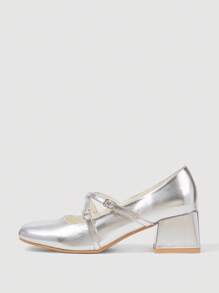 CUCCOO DOLLMOD 女士银色金属交叉带玛丽珍厚底高跟鞋，可爱校园风高跟鞋 - 銀色 - 查看 6