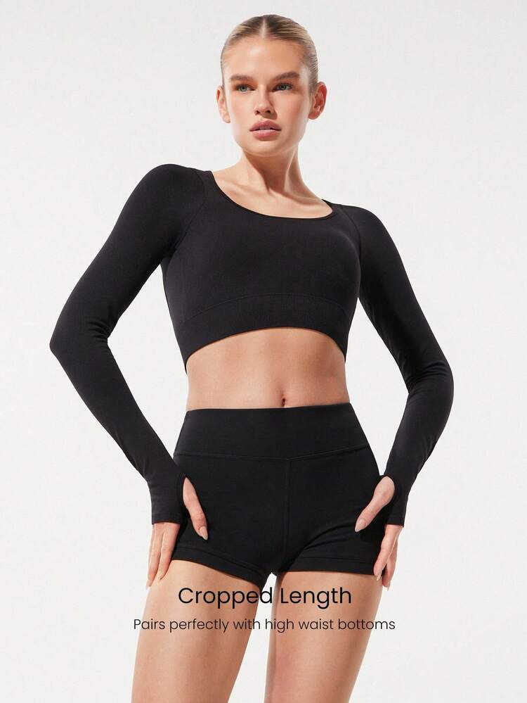 Second-Skin Seamless Crossover Open Back Scoop Neck Cropped Long-Sleeve Top With Thumbholes Low Impact Yoga Pilates Studio Daily Casual Wear Removable Cups