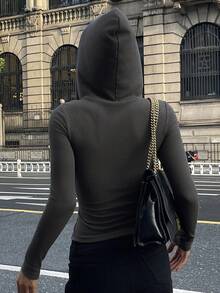 DAZY 女式连帽修身长袖开衫薄款夹克秋冬 - 深灰色 - 查看 5