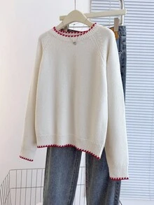 Franclia Back To School Casual Style Loose Round Neck Long Sleeved Woolen Fabric With Contrasting Color Trim And Raglan Sleeves, Apricot Colored Women's Autumn And Winter Pullover Sweater Winter Clothes For Women Christmas Clothes Going Out Tops Women Fall Cloth For Women