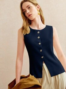 Pariaura Women's Casual Commuter Solid Color Sleeveless Front Button Knit Top - Navy Blue - View 5