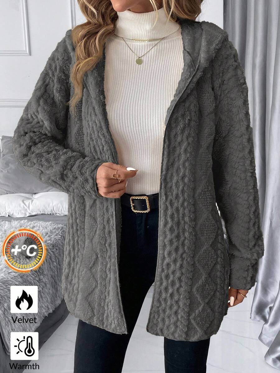 SHEIN Clasi 秋冬女士纯色简约日常长袖连帽纹理羊毛夹克 - 深灰色 - 查看 1