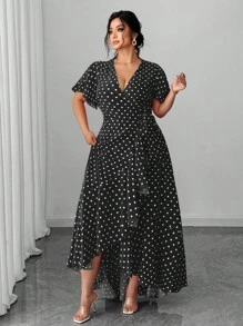 SHEIN Unity Plus Size Polka Dot Wrap Dress With Tie Waist, Ruffle Hem And Side Slit - Black - View 5