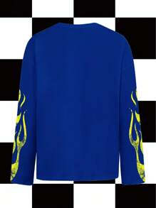 Studio Chunk Women's Blue Yellow Casual Loose Fit Crew Neck Long Sleeve T-Shirt, Suitable For Autumn/Winter, Party, Club, Daily Wear, Distressed, Faux, Cross, Metal Chain, Flame, Halloween, Dark, Streetwear, Y2K,Royal Blue Tops Flame Sleeve Shirt - Blue - View 2