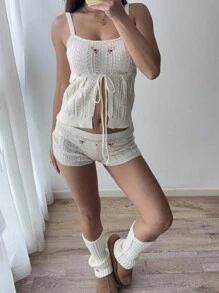 Sunnyshic Sexy & Cute Backless Camisole Top With Embroidery & Matching Embroidered Knit Shorts 2 Pieces Set, Versatile For Vacation - Apricot - View 4