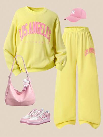 SHEIN Explorewe 2 件套青少年女孩休闲宽松字母印花运动衫和舒适运动裤，适合上学和日常穿着，全新春秋系列