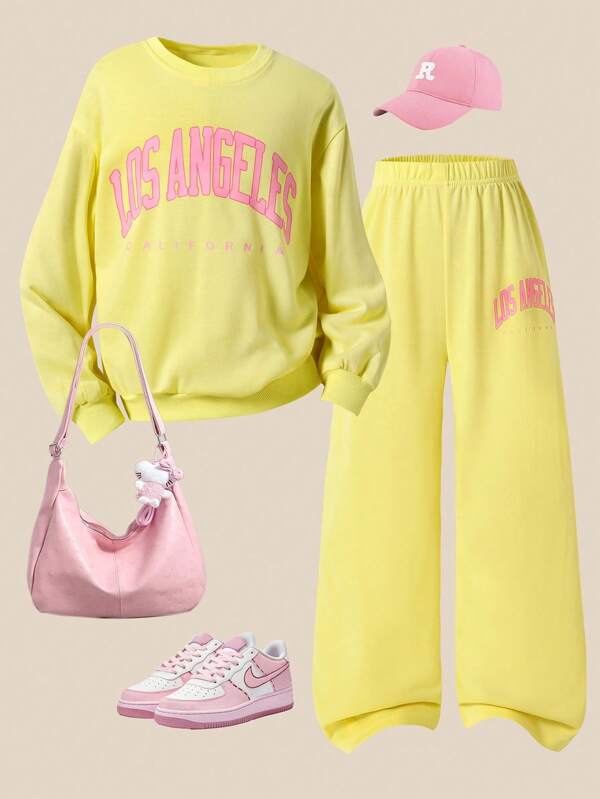 Set de 2 piezas: Sudadera holgada con estampado de letras y pantalones deportivos cómodos para niñas preadolescentes, adecuado para la escuela y el uso diario, nueva colección de primavera/otoño