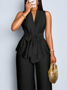 SOLERSUN Plus Size Solid Color Minimalist Sleeveless Top And Pants 2 Pieces Set - Black - View 1