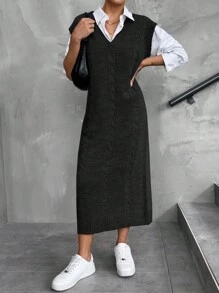 EURMUSE Váy len không tay cổ chữ V dệt kim màu trơn - màu đen - Xem 6