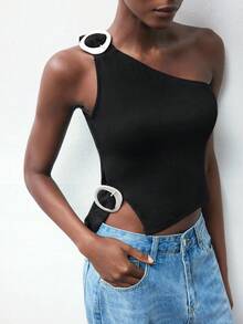 Maija 女式撞色无袖不对称肩上衣 - 黑色 - 查看 3