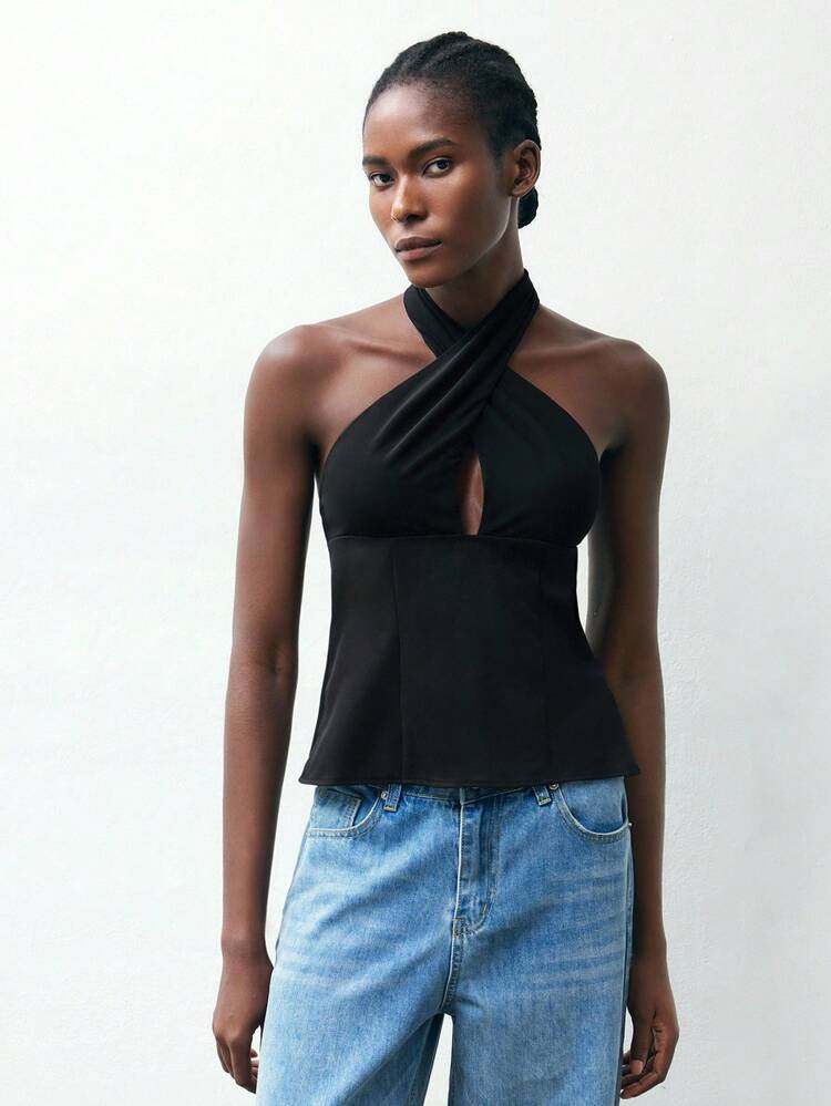 SHEIN Maija Purple Mesh Criss-Cross Tie Neck Cutout Backless Crop Top, Casual & Minimalist Urban Style, Fall For Women Casual Old Money Party Top Thanksgiving For Women Halloween Costume Women